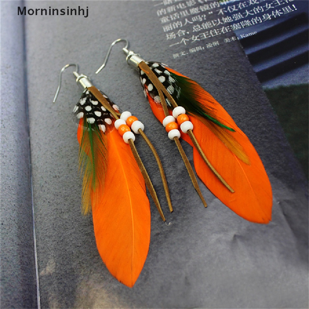 Mornin Fashion Rumbai Menjuntai Anting Bulu Manik Kulit Anting Indian Feathers id