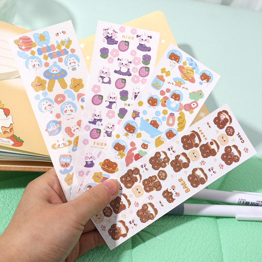 [Grosir] Diy Scrapbooking Goo Kartu Buku Pegangan Bahan Stiker Dekoratif PVC Tahan Air Glitter Stiker Lucu Kartun Beruang Kelinci Stiker Laser