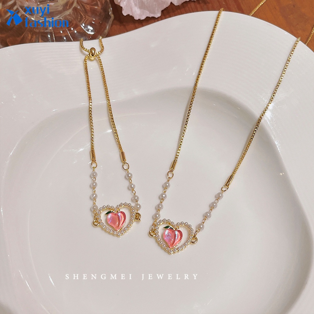 Kalung Gelang Mutiara Peach Lucu Rantai Hati Warna Emas Untuk Aksesoris Perhiasan Fashion Wanita