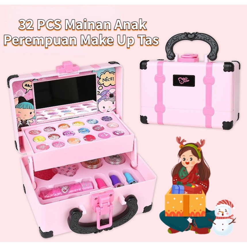 【Dengan Kosmetik】32Pcs Mainan Kosmetik Kecantikan Anak Kasus Peralatan Tidak Beracun Kotak Make Up Set untuk Gadis Ulang Tahun Hadiah Set Riasan Mainan Anak Makeup Tas Mainan