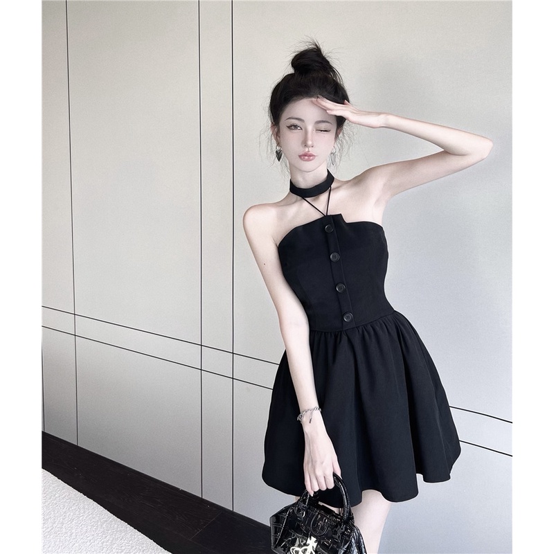 Red High-end sexy one-shoulder tube top halter neck dress wanita musim panas pinggang tinggi ramping tanpa lengan rok hitam berbulu