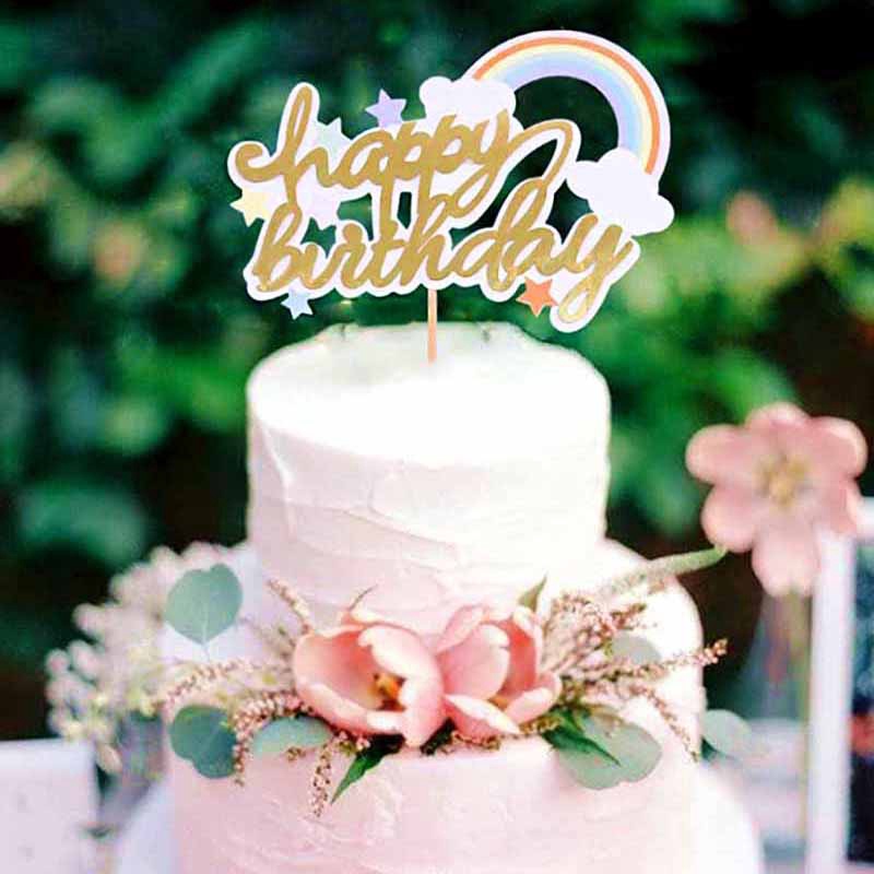 Topper Kue Desain Happy Birthday Pelangi Untuk Dekorasi Pesta Ulang Tahun
