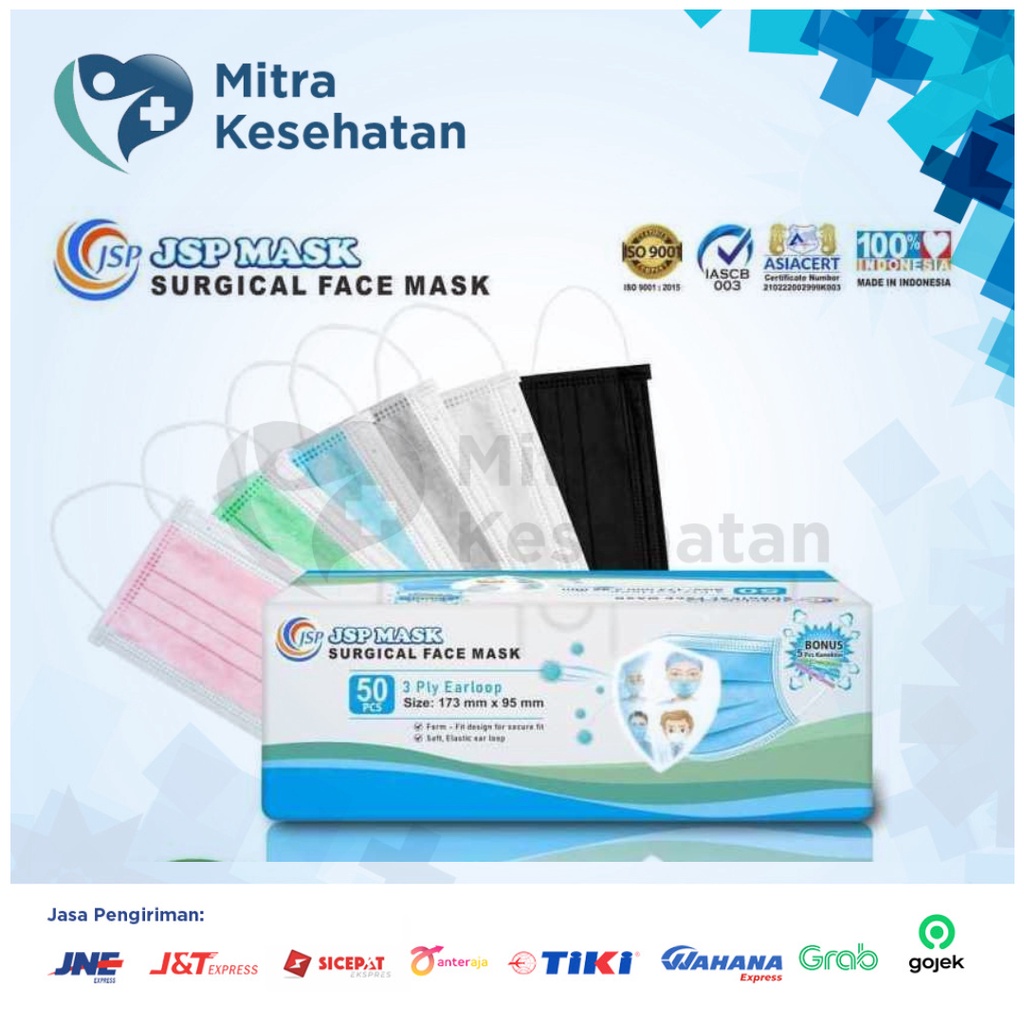 Masker Medis hijau earloop 3ply JSP isi 50