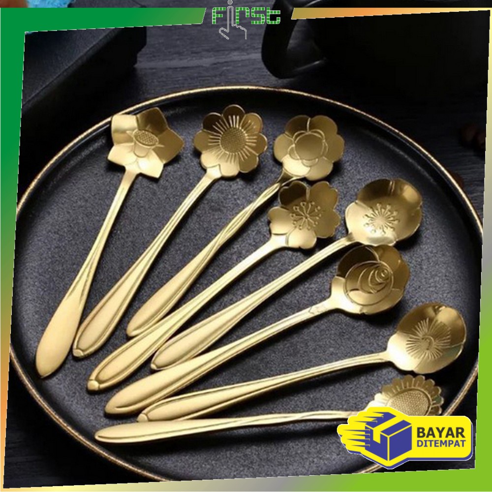 FH-C766 Sendok Korea Teh Kopi Kecil Stainless Steel Motif Love Elegant Warna Gold / Sendok Bunga Emas Spoon Dessert Import