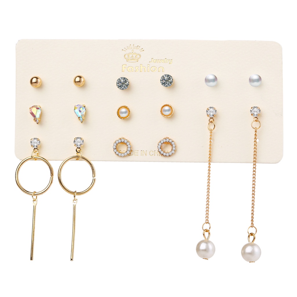 Anting Berlian Drop Color | Anting Mutiara Bentuk Lingkaran | 8 Pasang / Set Anting Tusuk / Stud Motif Bentuk Variasi Untuk Wanita | Aksesoris Wanita | Sendok Garpu Bahan Stainless Steel