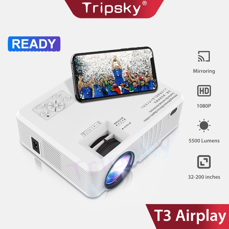 Tripsky Proyektor T3-Airplay Same Screen 5500 Lumens Projector Mirroring Proyektor Konek HP 1080p Fu