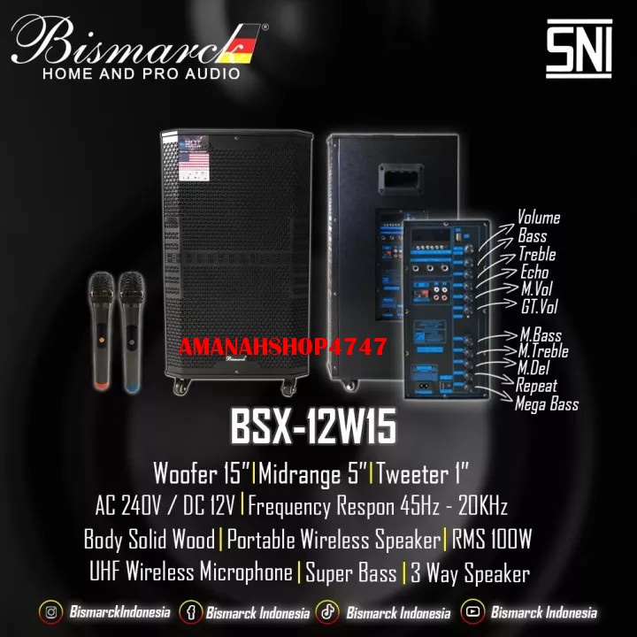 SPEAKER PORTABLE+STAND 15 INCH BISMARCK BSX12-W15 USB BLUETOOTH