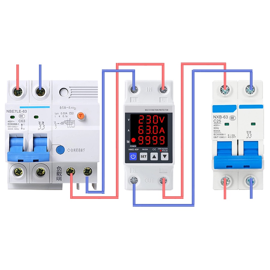 Din Rail Adjustable 3IN1 Over Under Voltage Current Protection 2P 63A 230V