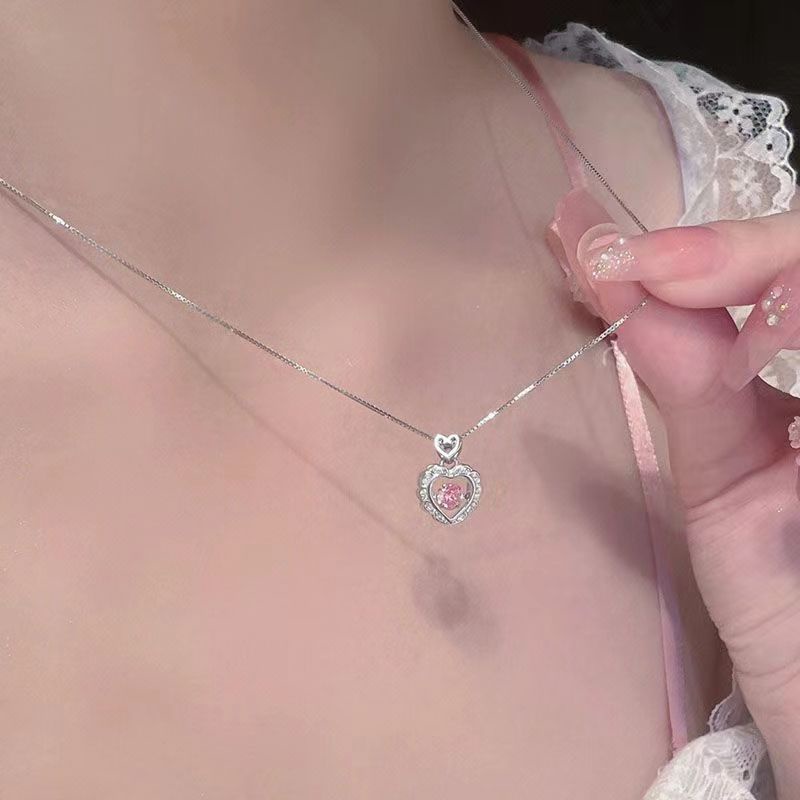 Kalung Liontin Kristal Pink Choker Rantai Hollow Hati Silver Untuk Aksesoris Perhiasan Wanita