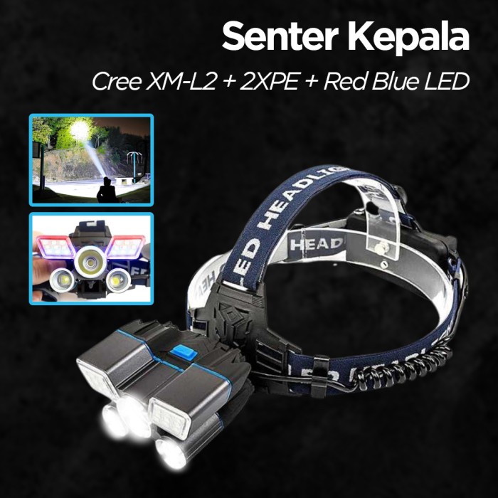 Albinaly Senter Kepala Headlamp Cree XM-L2 + 2XPE + Red Blue LED