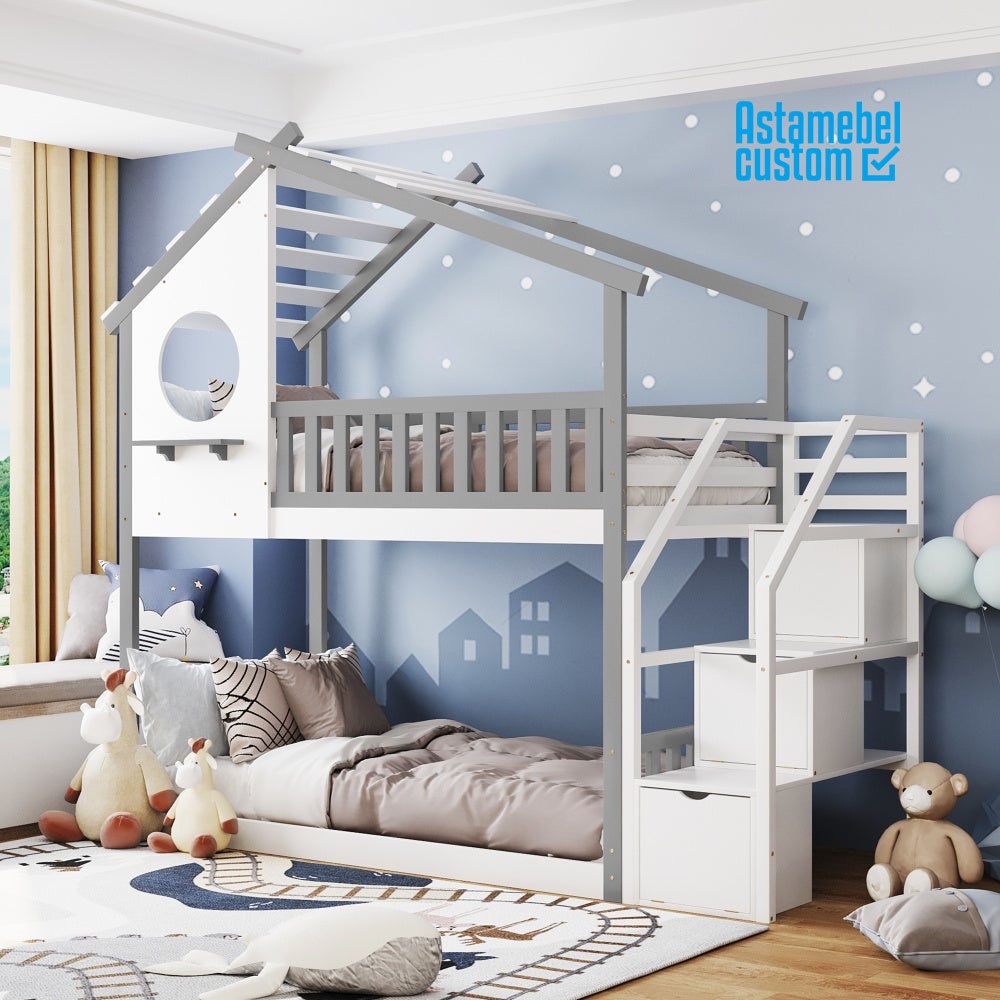 Tempat Tidur Anak Tingkat / Dipan Anak Tingkat Minimalis Bentuk Rumah Kayu Solid