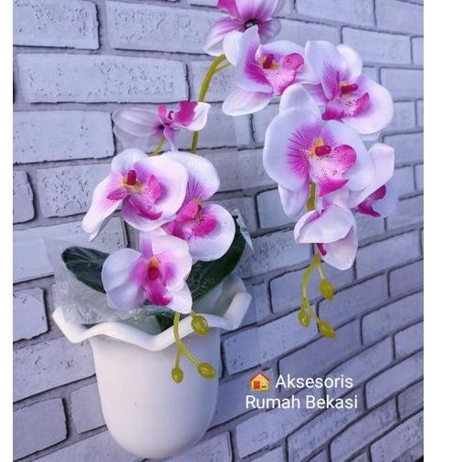 Obral Terlaris SET BUNGA PLASTIK ANGGREK 2 CABANG BESAR DENGAN POT DINDING OMBAK