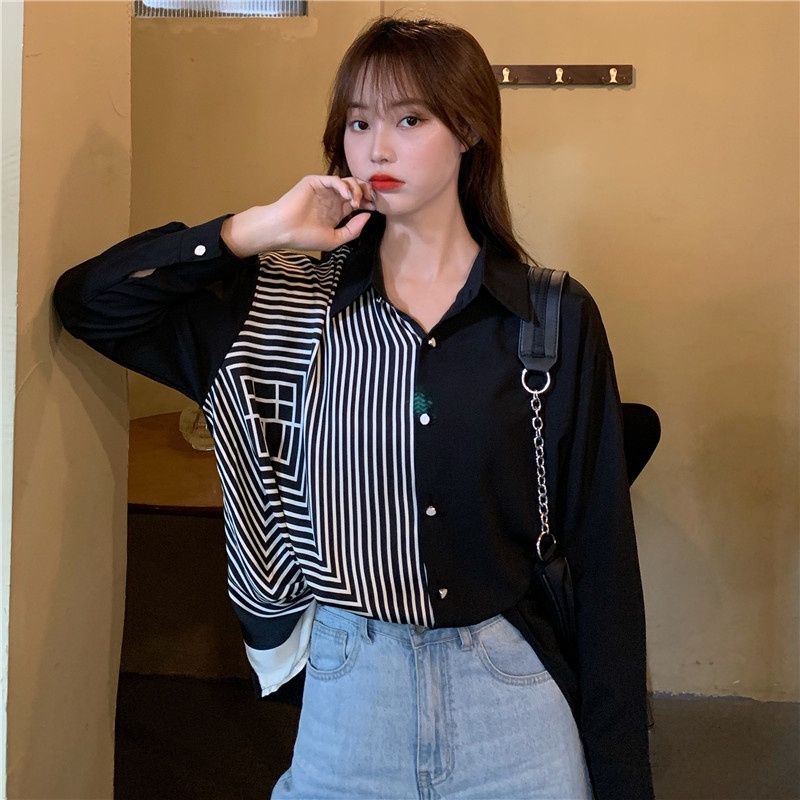 Fashion Kaos Wanita Baju Korean Style Garis-garis Hitam Putih Lengan Panjang Kemeja Woman's Shirt