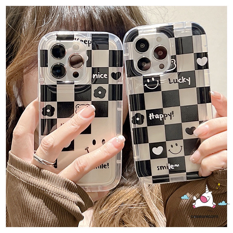 IPHONE Pasangan Casing Ponsel Kompatibel Untuk Iphone11 14 13 12 Pro MAX 6 6S 7 8 Plus XR X XS MAX Shockproof Airbag Lembut TPU Cover Ins Kotak-Kotak Beruang Smile Love Heart Flower Couple Case