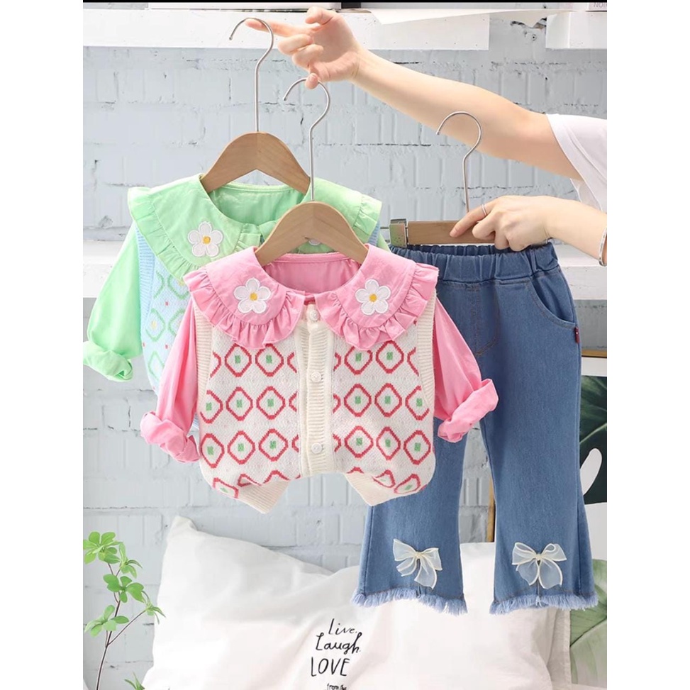 B443 - Setelan Kerah Bunga Anak Cewek / Set Baju Import Anak Perempuan / Setelan Baju Katun Rajut Mo
