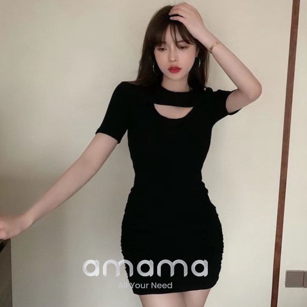 Amama Darcian Dress Knit Mini Casual Sexy Bodycon Lengan Pendek Kerah Bulat Dress Wanita Kekinian Ko