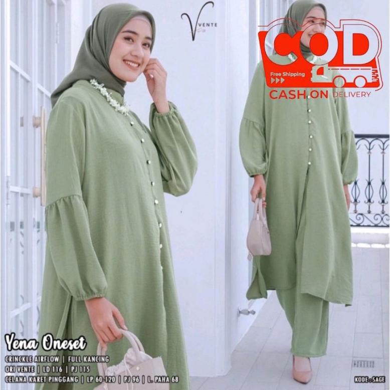 Yena Set Crinkle Airflow Jumbo Ld 120 - Setelan Long Jumbo Yena Kancing Jamur / Setelan Long Tunik J