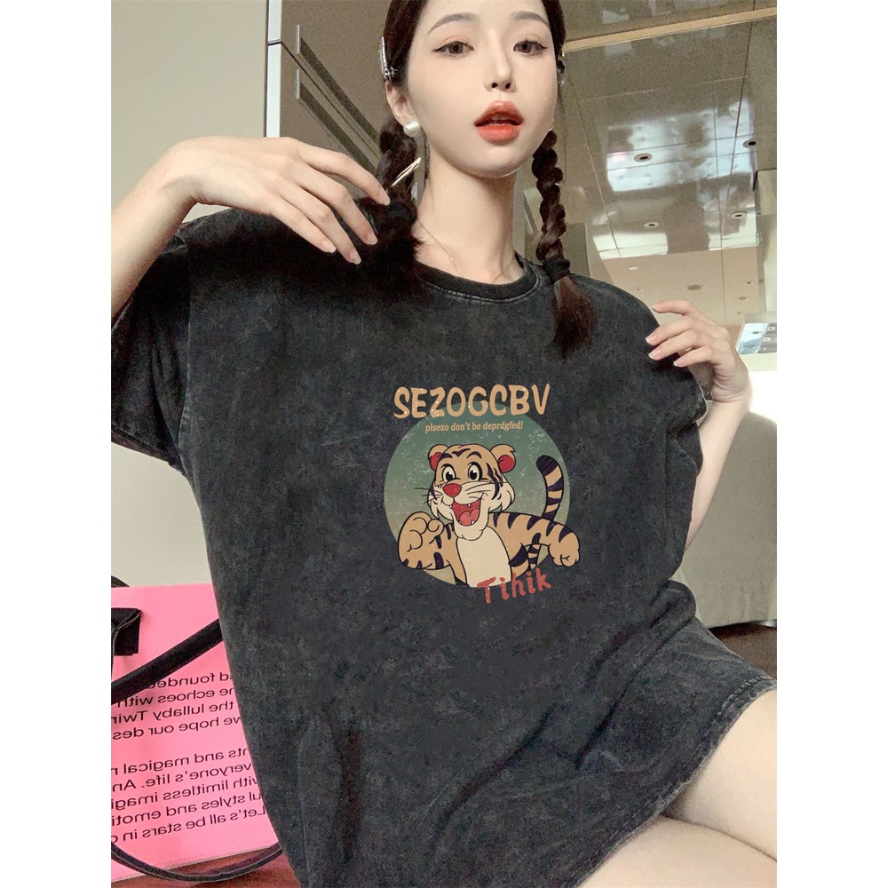 XIAOZHAINV Korean Style Tiger Anime Pattern Washed Printing Kaos Wanita