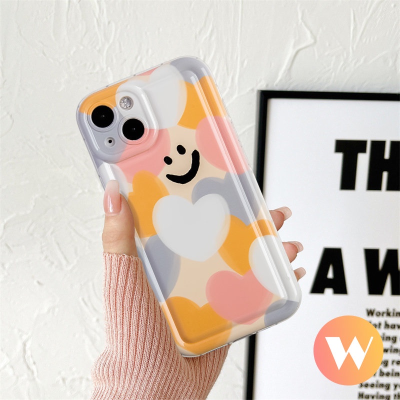 IPHONE Warna-warni Cinta Hati Shockproof Airbag Kartun Case Kompatibel Untuk Iphone11 12 14 13 Pro MAX XR X 6 6S 7 8 Plus XS MAX SE 2020 Pelindung Kamera Smiley Lucu Lembut TPU Back Cover