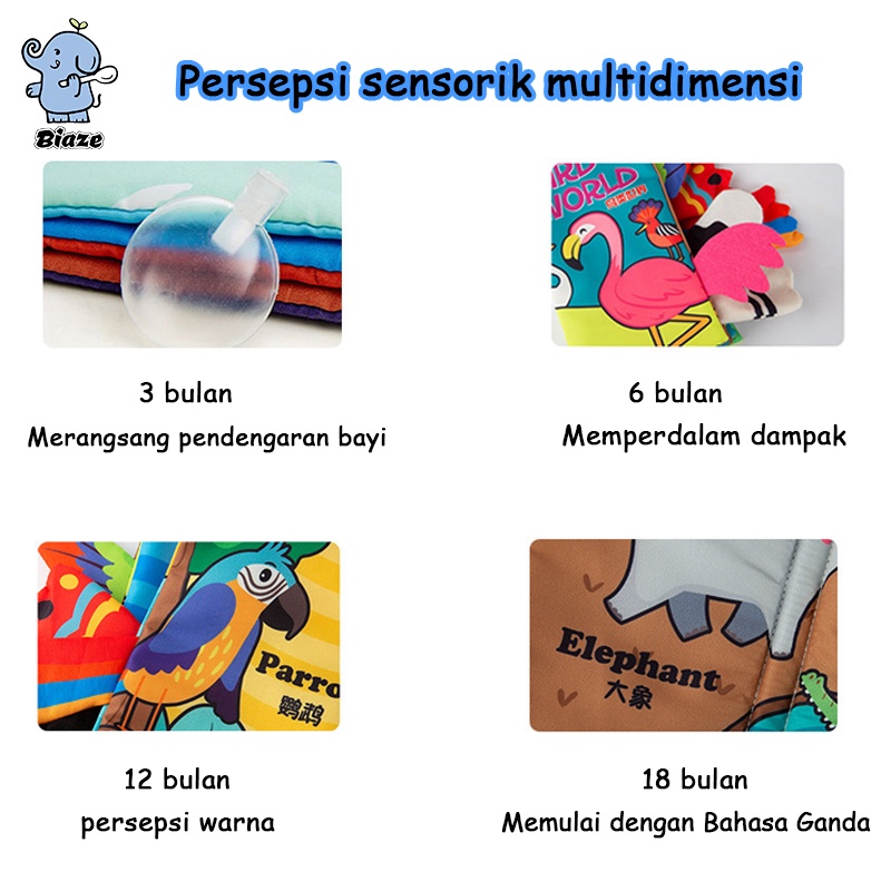 BIAZE Buku Kain Bayi Edukatif Mainan Belajar Bahasa Inggris Versi Animal Dengan Buntut ( 3D ) Buku Bantal Bayi Soft Cloth Book