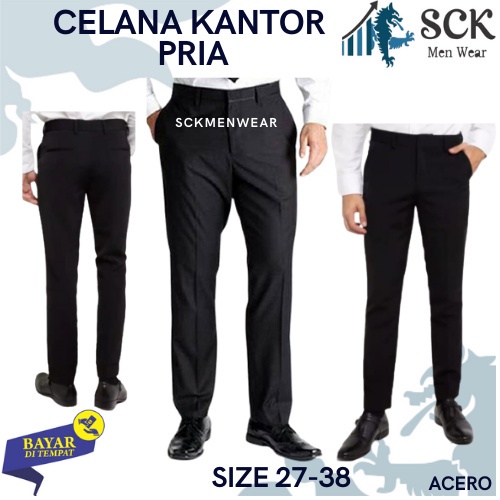 Celana Panjang Pria ACCERO Pola Standar Plui Hitam / Bawahan Basic Formal Bahan Katun / Pakaian Kerja Kantor  sckmenwear GROSIR