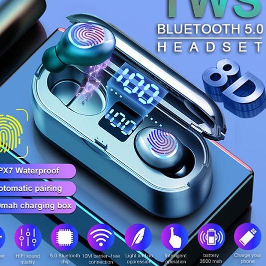➳ (COD) F9-8 Headset Bluetooth 2200mah Power Bank TWS with Mic 9D Bass LED Display Smart Touch Finge