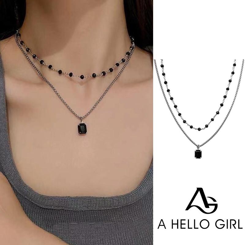 Kalung Rantai Tulang Selangka Model Lapis Ganda Hias Berlian Hitam Untuk Perempuan