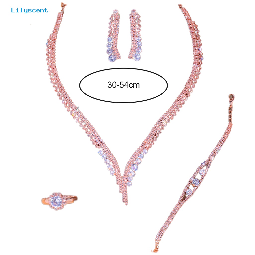 [LS] 1set Set Perhiasan Wanita Mewah Elegan Mengkilap Penuh Berlian Imitasi Bertatahkan Berkilau Berdandan Hadiah Sederhana Pengantin Kalung Gelang Anting Cincin Set Perlengkapan Pernikahan