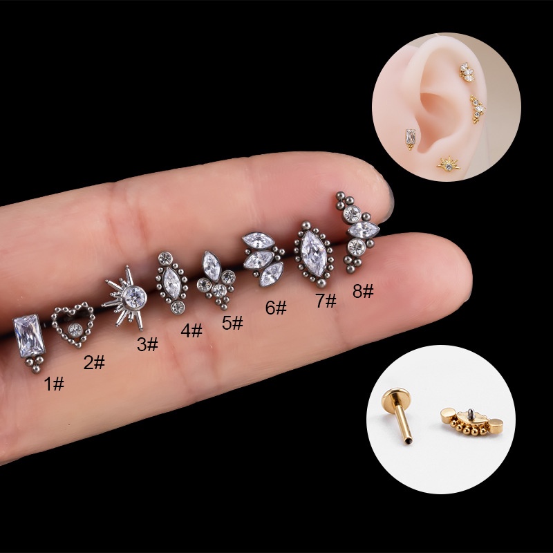 1buah Hypoallergenic G23 Bahan Titanium Steel Dengan Zirkon Hati Bentuk Mahkota Tulang Rawan Helix Stud Anting Tindik 16Gauge Stainless Steel