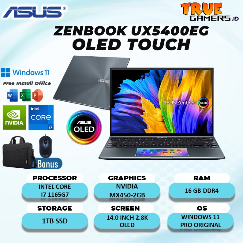 LAPTOP ASUS ZENBOOK UX5400EG OLED TOUCH MX450 INTEL I7 RAM 16GB 1TBSSD WIN10PRO 14.0 2.8K