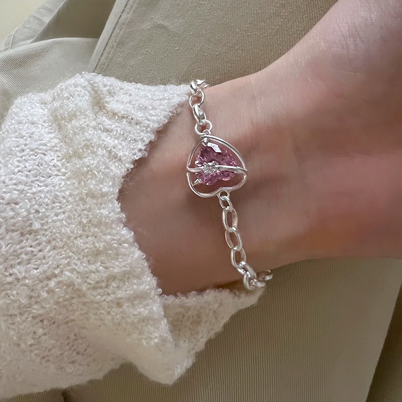 Pink Zirkon Hati Kalung Anting Gelang Untuk Wanita Perak Rantai Choker Bangles Aksesoris Fashion Perhiasan