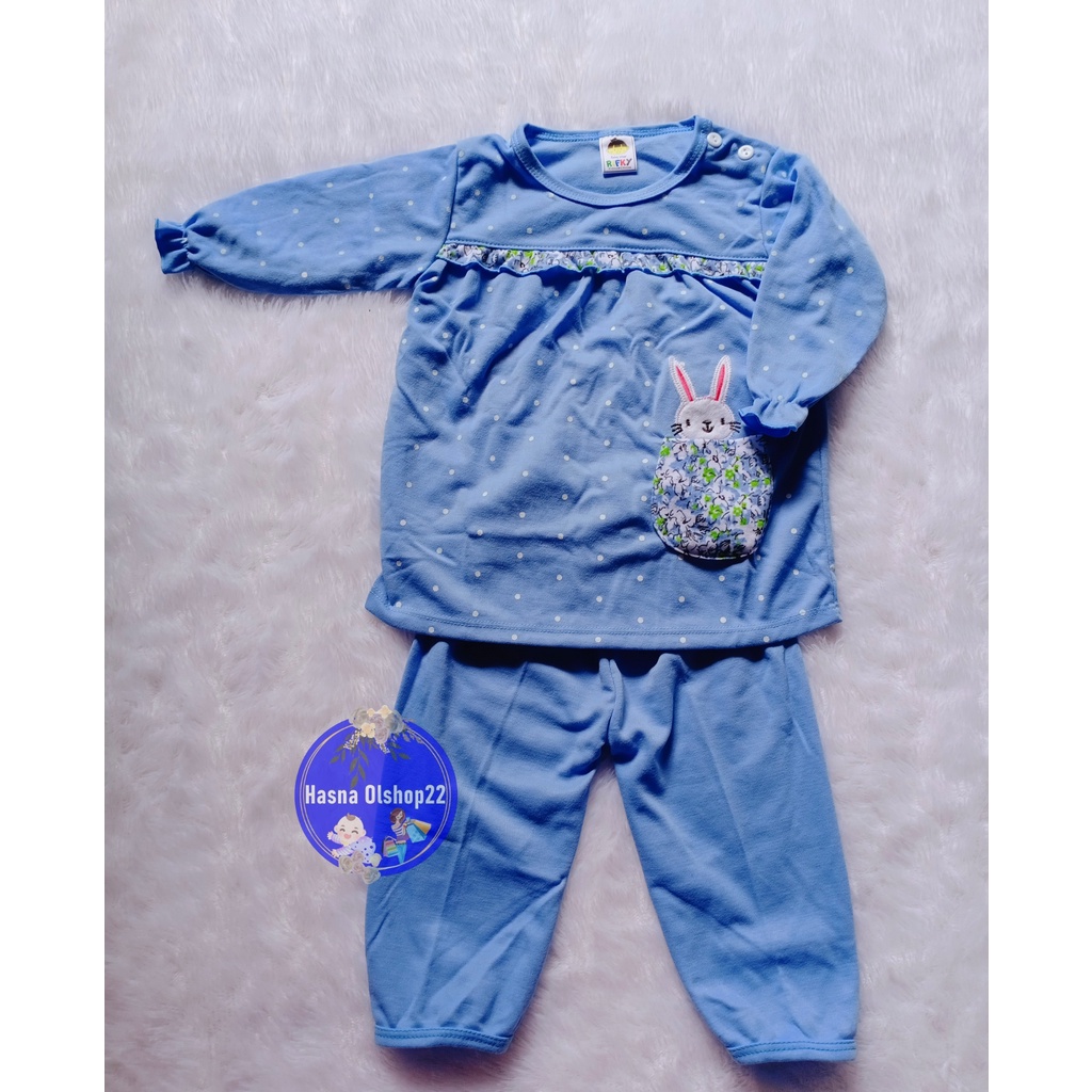 Setelan Baju Bayi 3 - 18 Bulan, Motif Polkadot Bunny Saku, Kaos Piyama Anak Perempuan Lengan Panjang