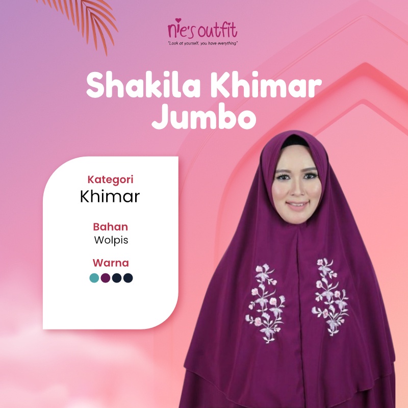 Hijab Instant NIES OUTFIT SHAKILA Khimar Jumbo XXL Kerudung Bergo Ikat Motif Bordir Bunga Bahan Wolp