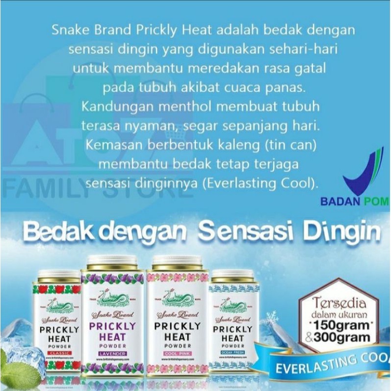 Snake Brand Prickly Heat Powder / BEDAK ULAR 150 gr 300 ml Classic Lavender Cool Pink Ocean Fresh Made In Thailandgata