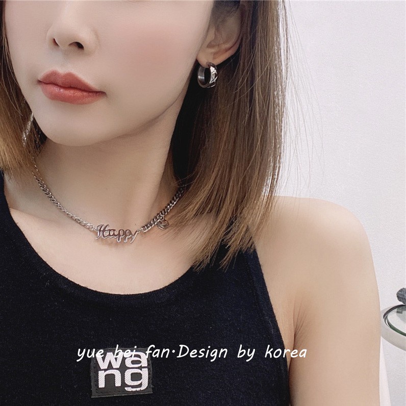 Kalung 18k Titanium Steel Desain Tulisan HAPPY Smile Face Gaya Hip Hop Korea Jepang