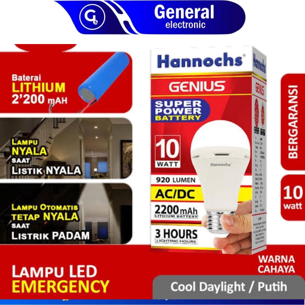 Hannochs Genius Lampu Emergency LED 8W / 10W / 12W / 15W Cahaya Putih