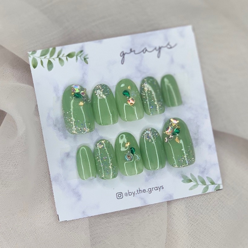 fake nails custom pressed on nails kuku palsu kuku wedding nail art hijau sage green bisa custom uku