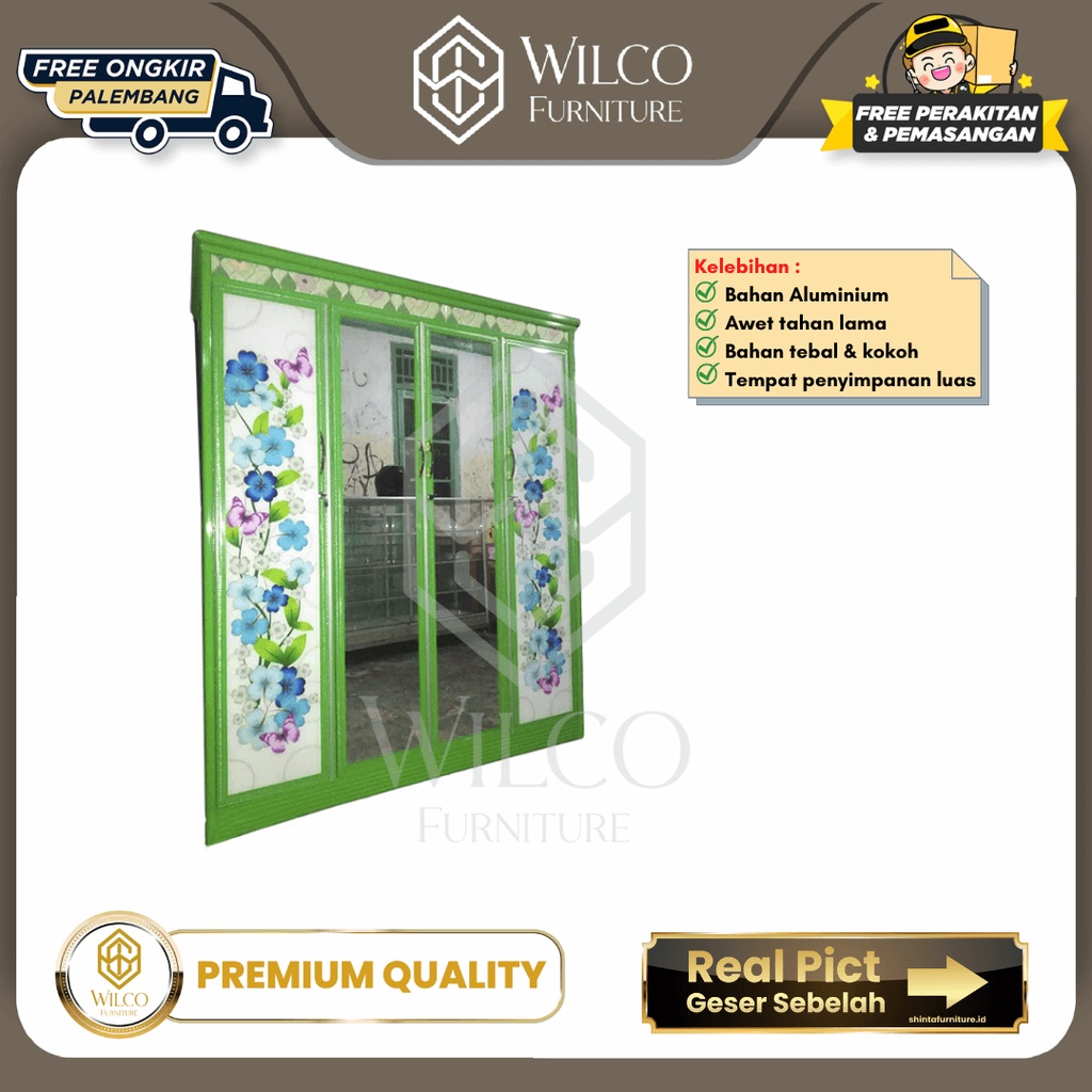 Lemari Pakaian 4 Pintu Aluminium + Kaca Motif Bunga Lemari Baju Alma