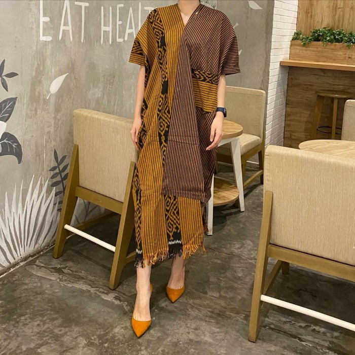 READY Dress haharu-musang lurik biru - coklat kuning