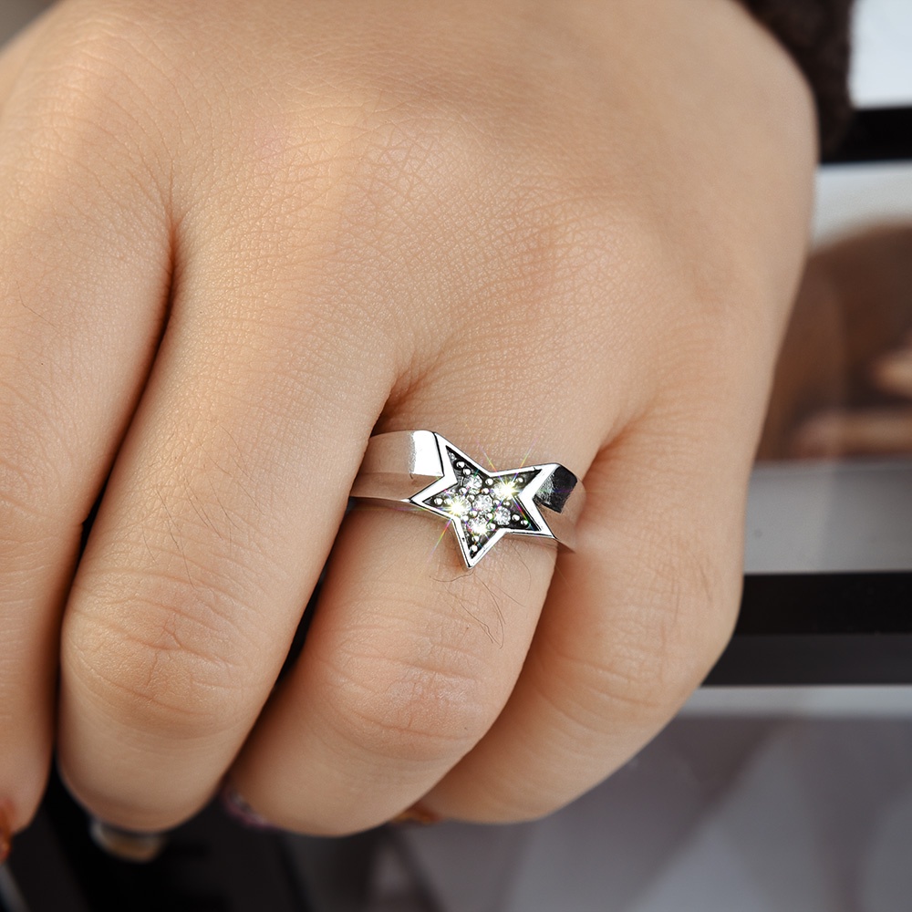 Bertatahkan Zirkon Perhiasan Fashion Wanita Vintage Kristal Pentagram Pesta Rings Wanita Adjustable Terbuka Indah Hadiah Elegan Berlian Imitasi Mengkilap Tidak Teratur Jari Cincin