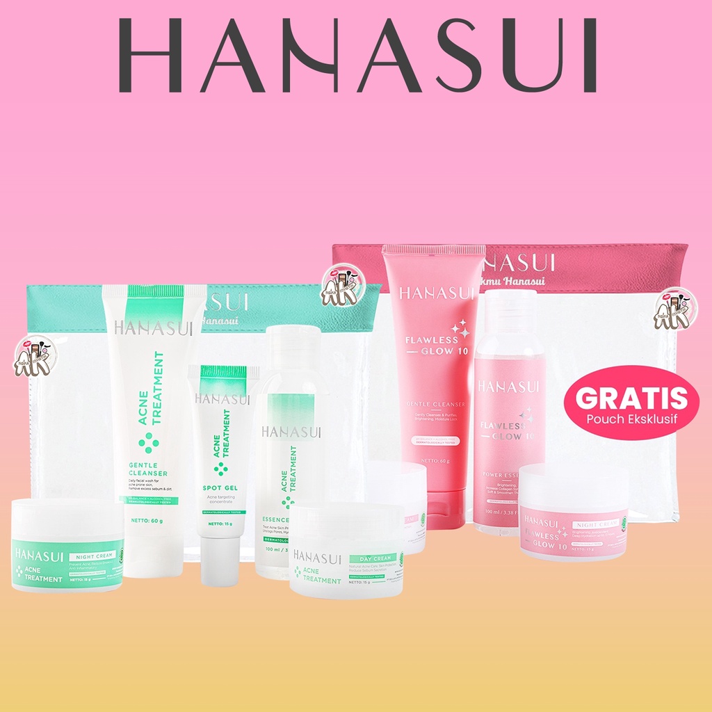 HANASUI PAKET KECANTIKAN / SKIN CARE PAKET SERIES ( ACNE TREATMENT / GLOW FLAWLESS ) FREE POUCH!!