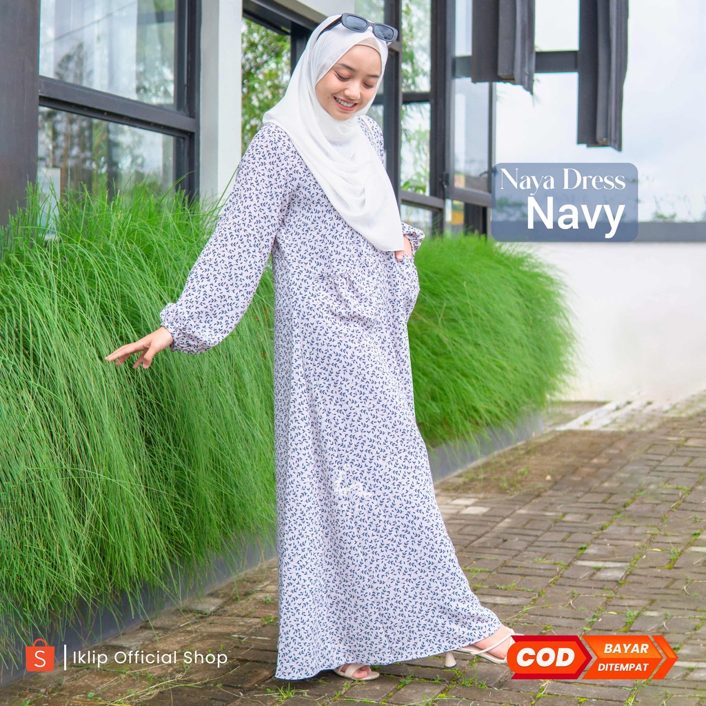 IKLIP Naya Dress Navy ~ Dress Muslim Motif Bunga Casual Feminine Dress