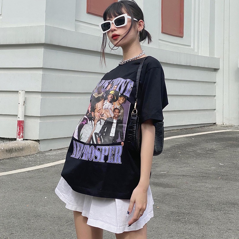 Baju Kaos Wanita/American Retro Lengan Pendek Oversize Rap Hip Hop Kaos Hitam Kekinian Import Couple Ootd