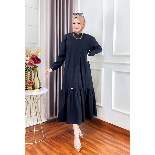 ZURA DRESS MIDI HITAM,KAIN KATUN POPLIN PREMIUMM