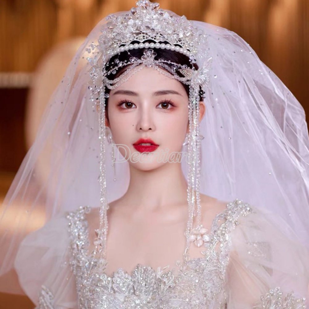 Bridal Wedding Dress Hiasan Kepala Buatan Tangan Manik-Manik Gaun Pernikahan Hairband Kristal Panjang Rumbai Kupu-Kupu Dahi Rantai