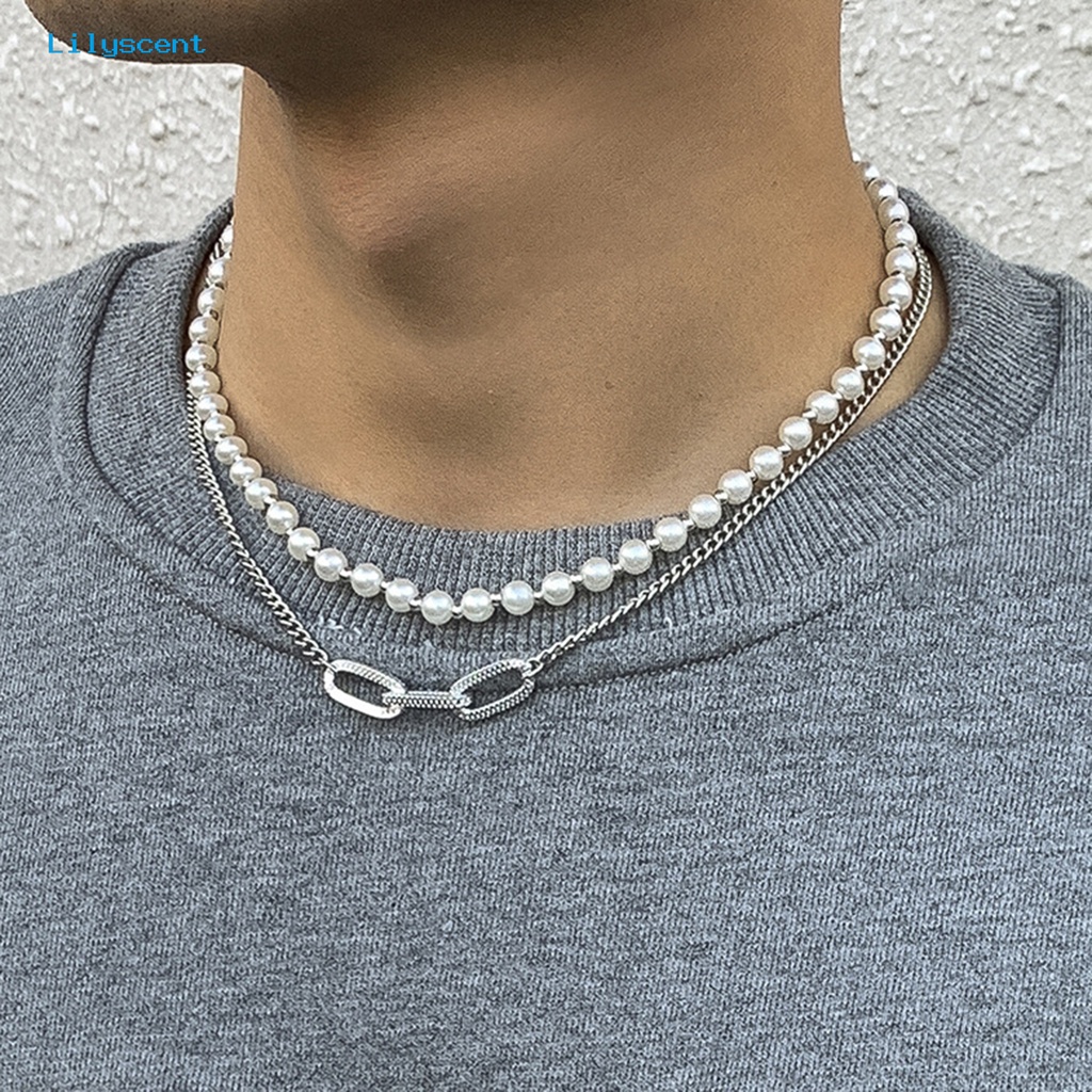 [LS] Kalung Pria Hias All-match Kalung Choker Mutiara Imitasi Geometris Dua Lapis Untuk Pakaian Sehari-Hari