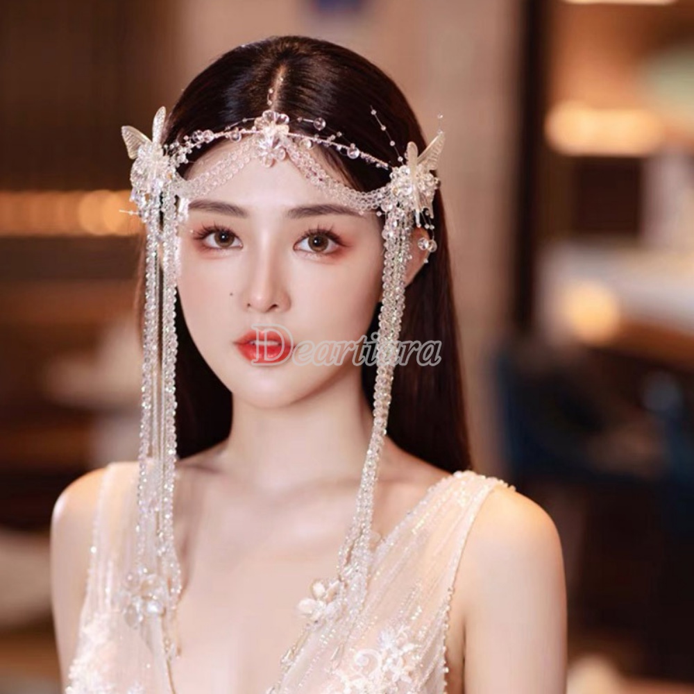 Bridal Wedding Dress Hiasan Kepala Buatan Tangan Manik-Manik Gaun Pernikahan Hairband Kristal Panjang Rumbai Kupu-Kupu Dahi Rantai