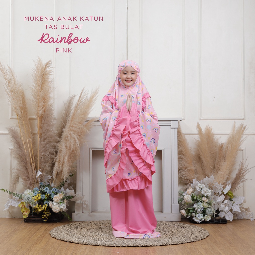 MUKENA BALI TASIK - MUKENA ANAK KATUN MOTIF RAINBOW PINK (TAS BULAT)