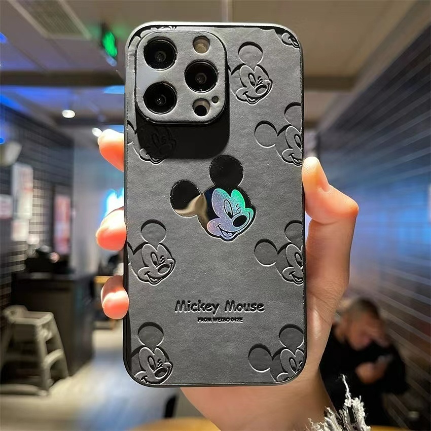 IPHONE Laser Wajah Tersenyum Mickey Lembut Casing Belakang Untuk Iphone11 12 13 14 Pro Max 14plus Kulit Lubang Halus Casing Pelindung Kamera