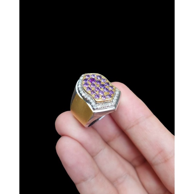 cincin berlian pria motif terompah mata utama tabur natura kecubung/ametyhst keliling full berlian e